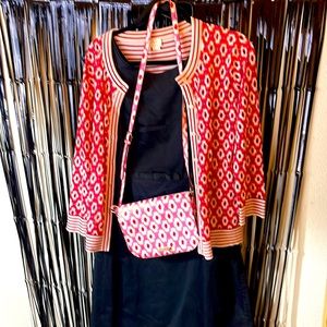 Dress with sweater and purse